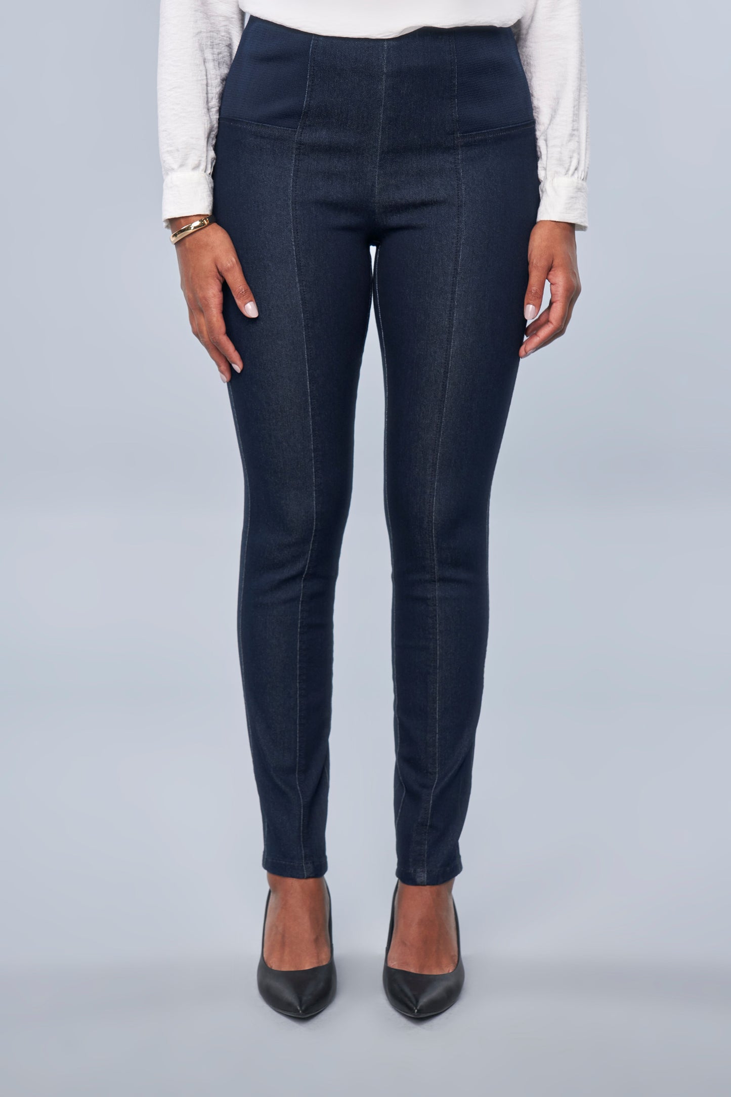 calça jeans skinny cintura intermediária cós de tricot largo
